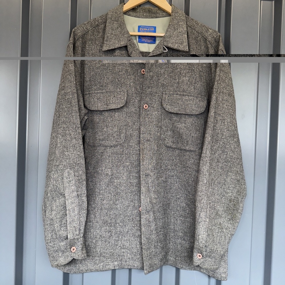 Pendleton Board Shirt Mens L Gray Wool Flannel Loop Collar Flap Pockets Solid